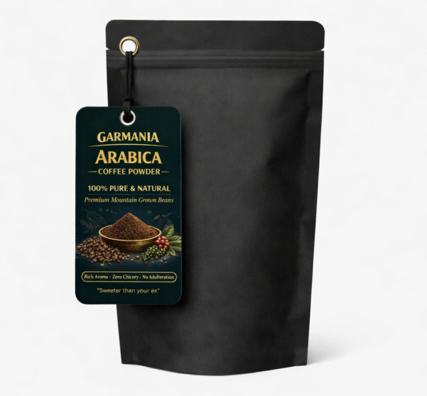 Black coffee powder packaging with label