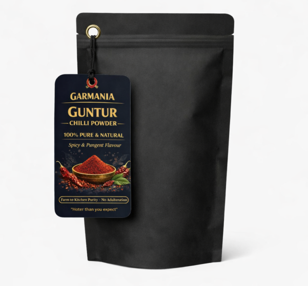 Black pouch of Guntur chili powder
