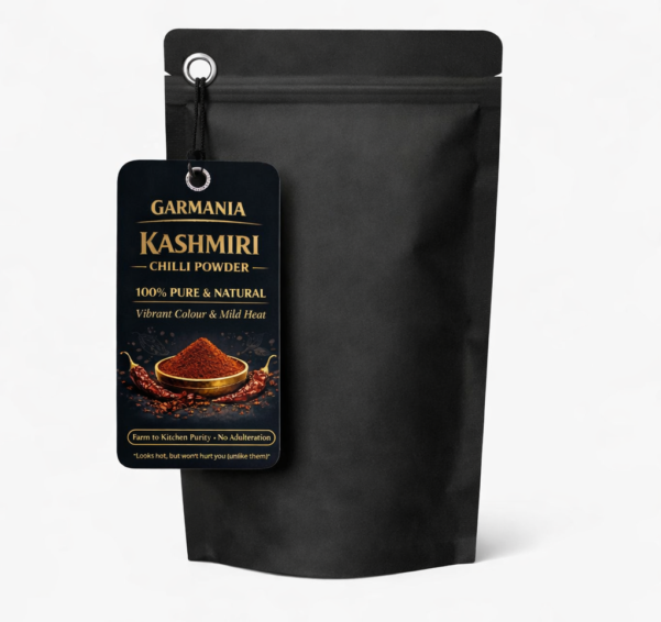 Black pouch of Kashmiri chili powder