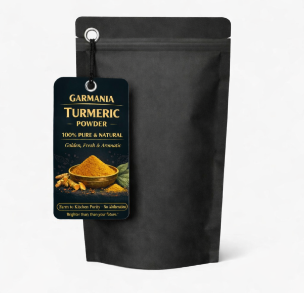 Black pouch of turmeric powder.
