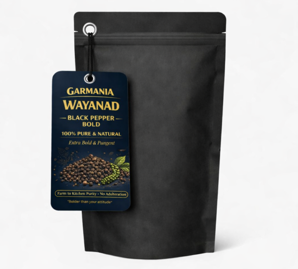 Black pepper packaging with label
