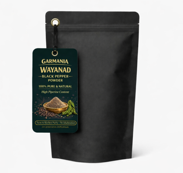 Black pepper powder in black packaging